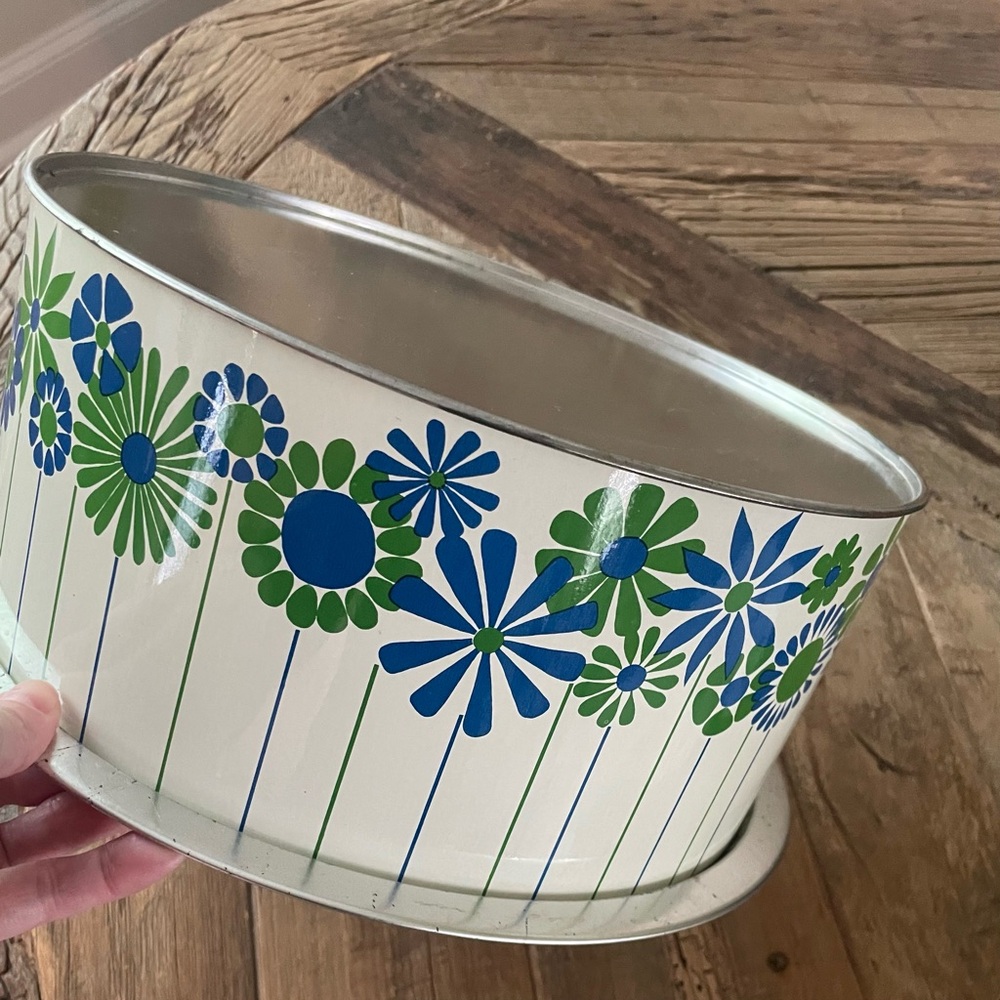 Vintage J L Clark Floral Metal Cake Tin with Blue and Green Floral Design